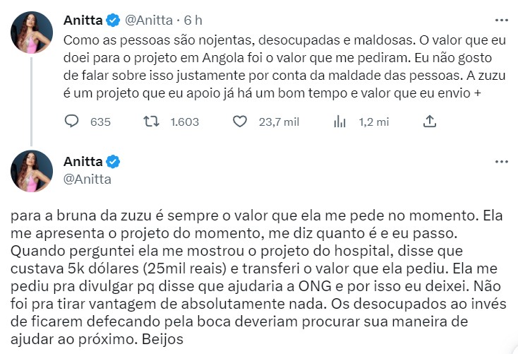 Anitta Rebate Cr ticas Ap s Valor De Doa o Feita Para ONG Ser 
