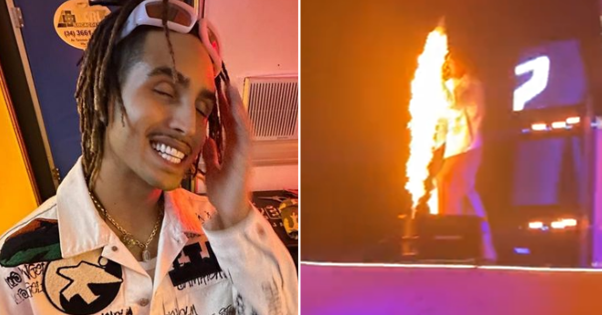 [VÍDEO] Matuê tem roupas atingidas por fogo cenográfico durante show; assista