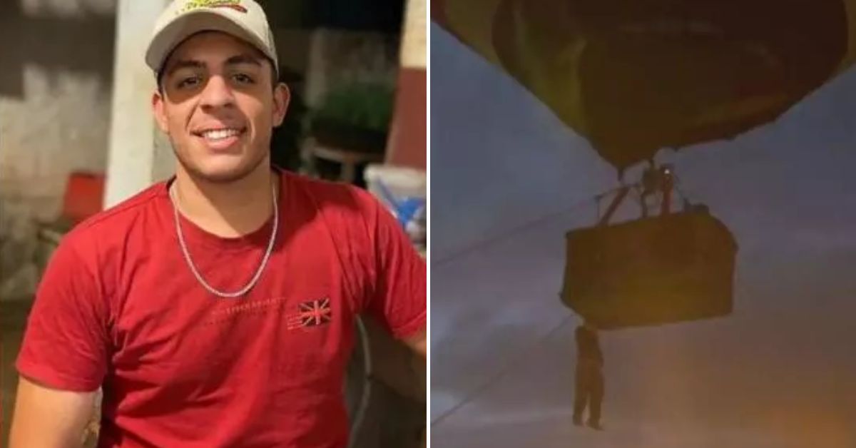 [VÍDEO] Jovem de 18 anos fica pendurado pelas mãos e cai de balão no ar no interior de Goiás