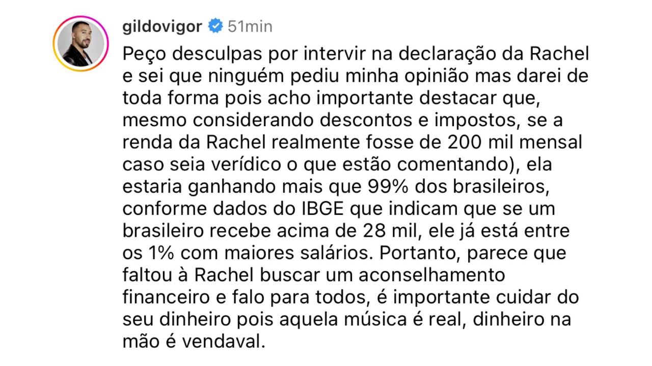 Gil do Vigor sobre Rachel Sheherazade. Foto: Reprodução/Instagram.