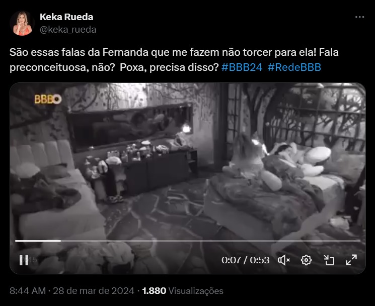 BBB 24: Espectadores apontam racismo na fala de Fernanda - Foto: X