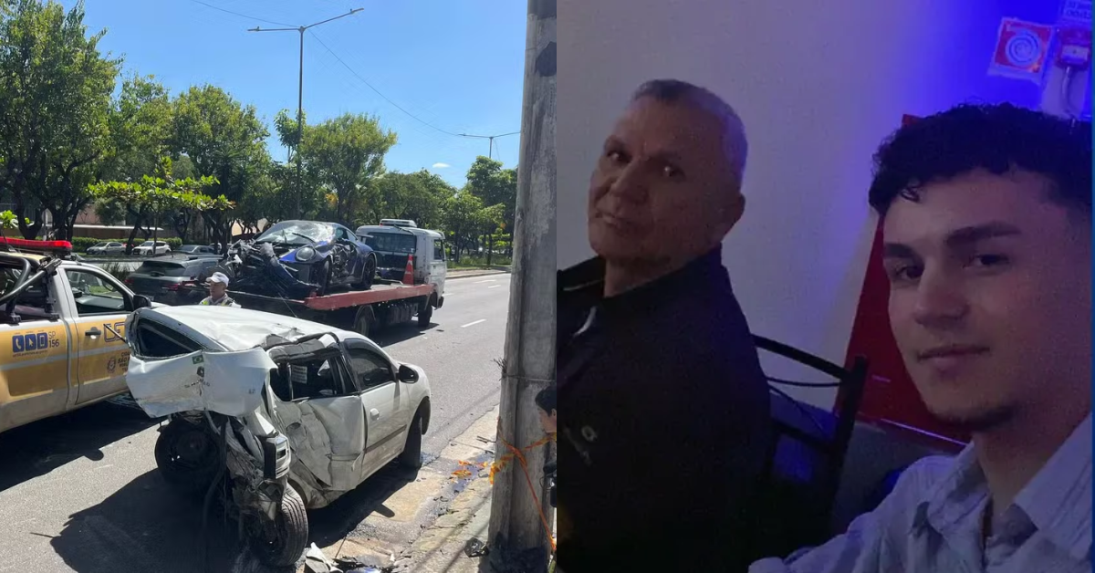 Traseira do Renault branco ficou destruída após ser atingida pelo Porsche azul — Foto: Rômulo D'Ávila/TV Globo/Redes sociais