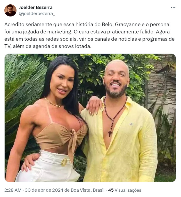 Internauta aponta Marketing em término de Gracyanne e Belo - Foto: X