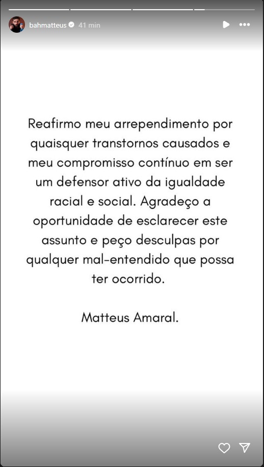 Matteus Amaral se pronuncia — Foto: Reprodução/Instagram
