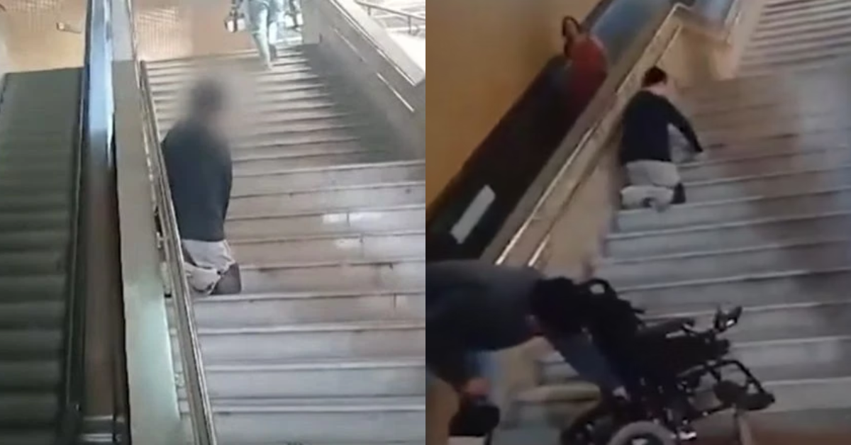 Cadeirante é visto subindo escada de joelhos em estação de metrô no DF - Foto: Reprodução