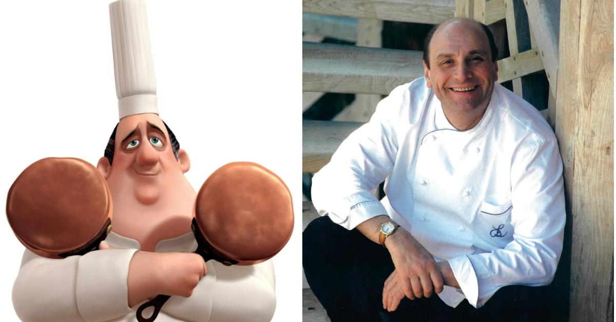 Auguste Gusteau, de Ratatouille, e o chef Bernard Loiseau - Divulgação/Pixar e Reprodução/WelcomeMagazine