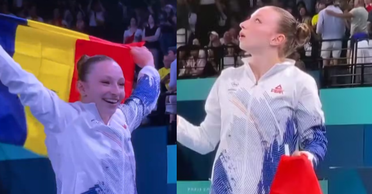 Ginasta romena comemora medalha no solo, mas percebe que não está mais entre as três primeiras - Foto: Reprodução/X