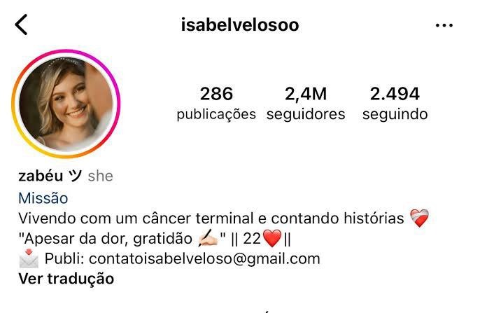 Biografia de Isabel Veloso dizendo que vive em estágio terminal - Foto: Instagram