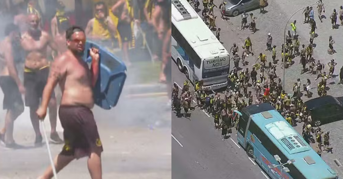 Torcedores do Peñarol com pedaços de pau na região da Praça do Pontal — Foto: Reprodução/ TV Globo