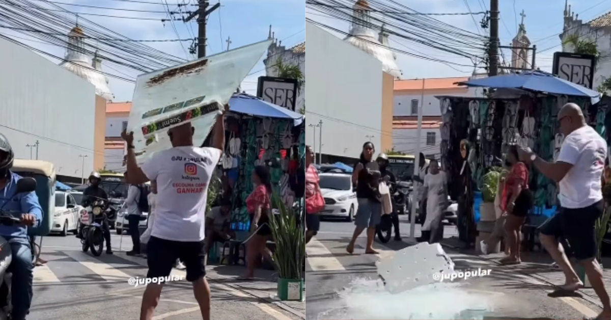 Influenciador causa revolta ao fazer pegadinha com porta de vidro na rua - Foto: Reprodução