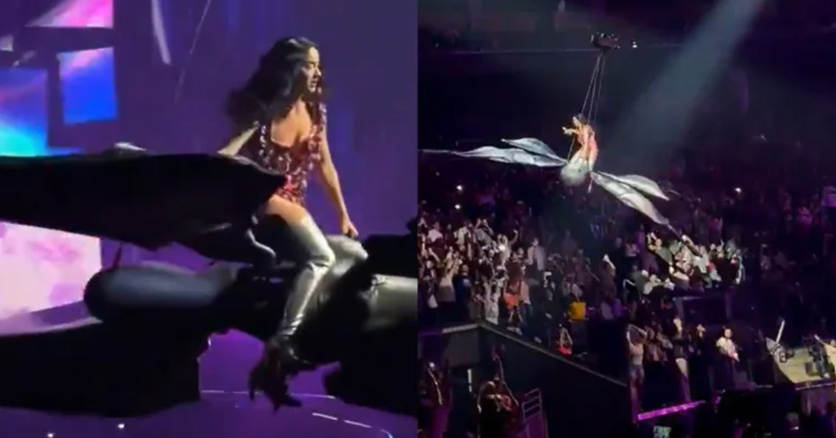 [VÍDEO] Katy Perry se desequilibra durante voo em borboleta mecânica e assusta fãs em show nos EUA