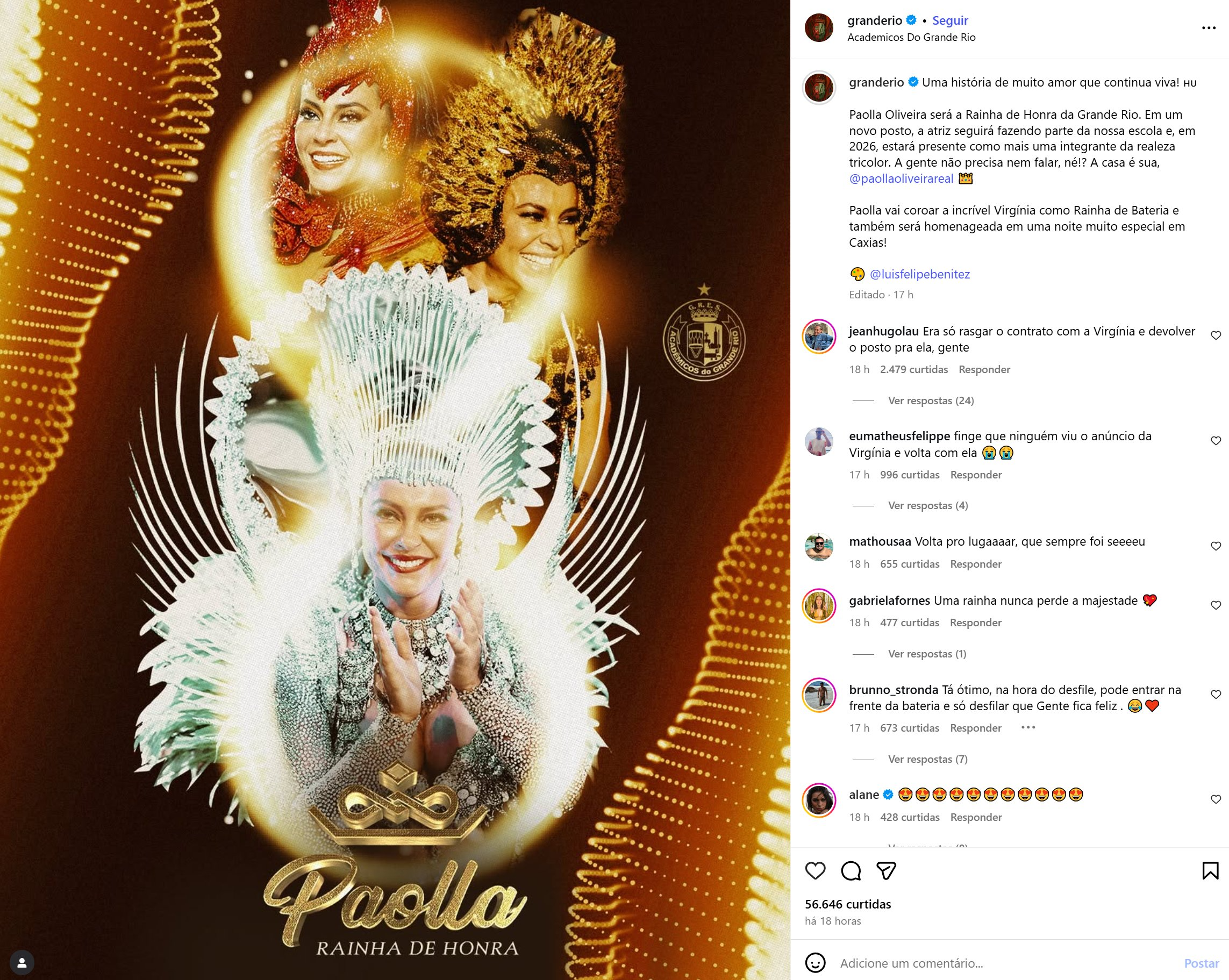 Publicação da Grande Rio anunciando Paolla Oliveira como Rainha de Honra - Foto: Reprodução 