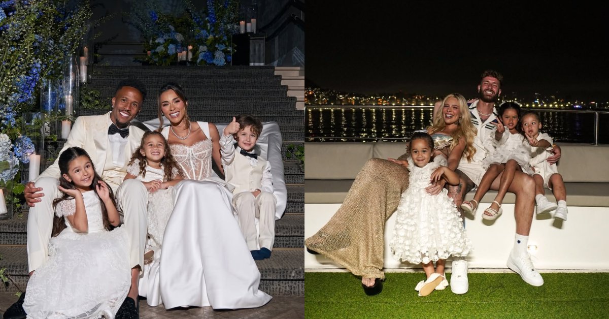 Tainá e Militão com as 3 crianças; Karoline e Léo Pereira com as 3 crianças - Foto: Reprodução