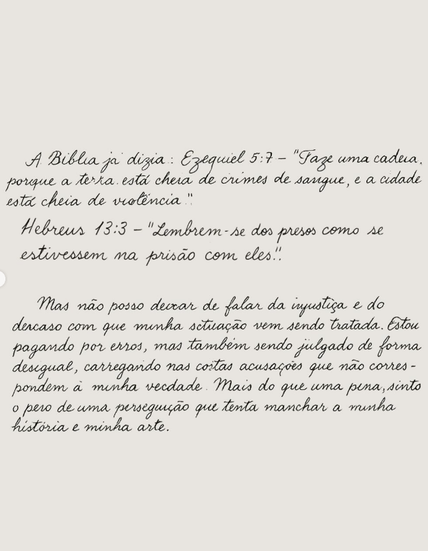 Carta escrita por Oruam - Foto: Instagram