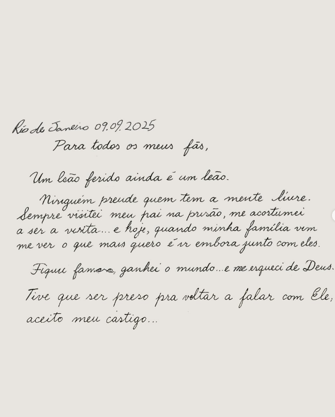 Carta escrita por Oruam - Foto: Instagram