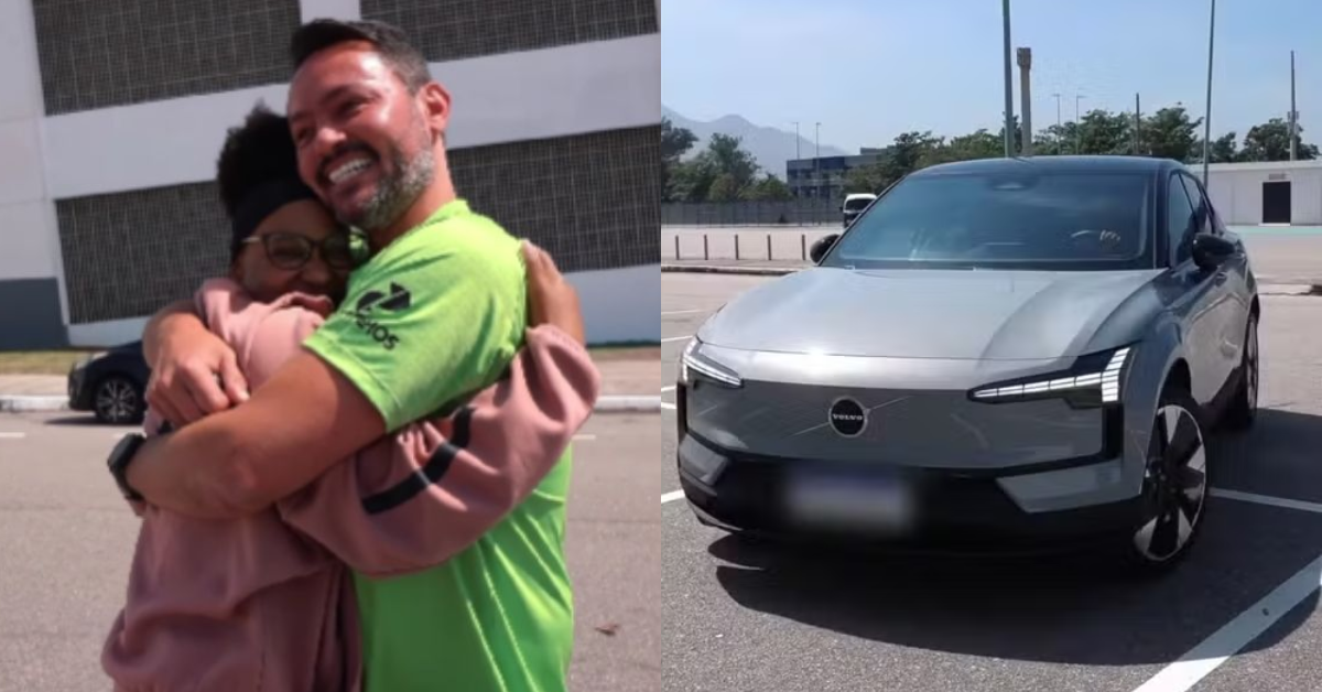 Rebeca Andrade e o técnico, Chico, em momento de surpresa ao treinador (Reprodução: Instagram/@rebecarandrade)
