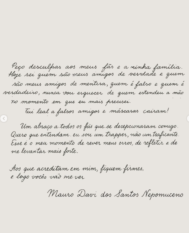 Carta escrita por Oruam - Foto: Instagram